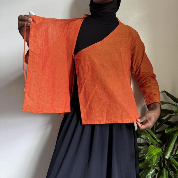 Vintage orange kimono top floral embroidered indie hippie bow tie M - Picture 2 of 5